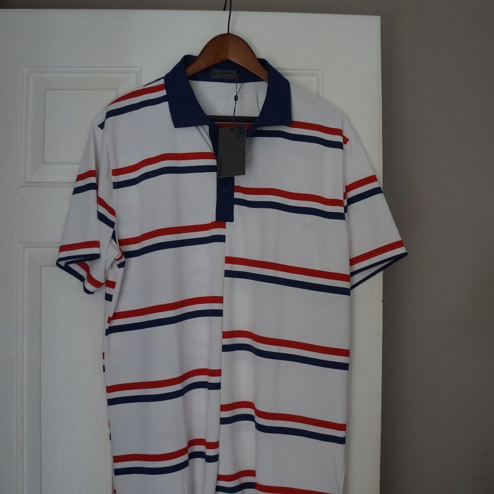 BNWT Men's  G-Fore Polo Golf Shirt XL stripe  Red/White Blue